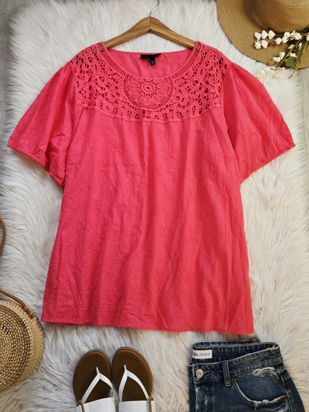 Women’s Crochet Yoke Short Sleeve Top - Hot Pink